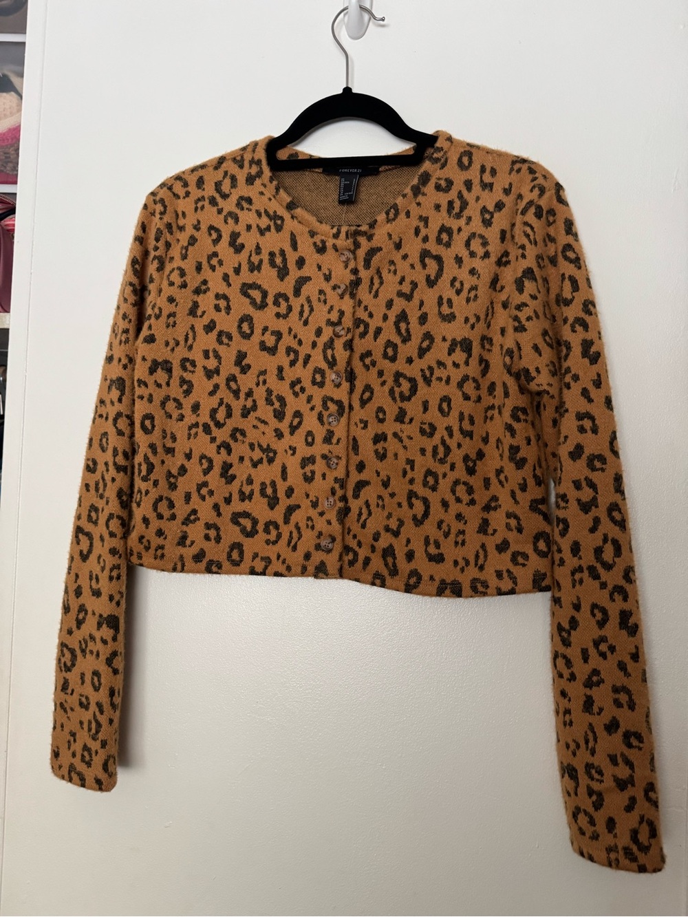 Forever 21 Leopard Print Cropped Cardigan - Tan & Black